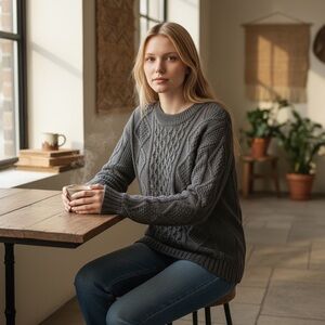 PTP17 Madewell Cable Knit Sweater Irish Fisherman Braided in Heather Grey